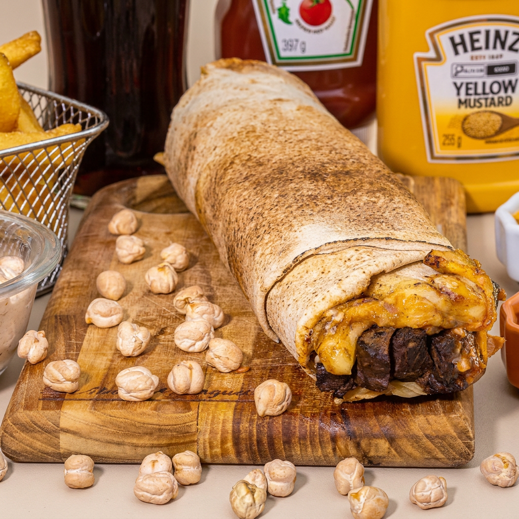 Saboroso Shawarma vegetariano de pão árabe recheado com suculento Grão de Bico, queijo derretido, tomate fresco, alface crocante, cebola, maionese especial e delicioso molho de alho. Uma explosão de sabores em cada mordida!
