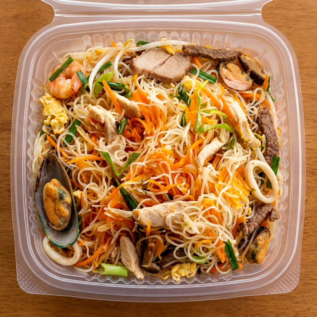 Macarrão de arroz ,camarão, lula , marisco, lombo, carne, frango, ovo, broto de feijão moyashi ,nira, cenoura, cebolinha e cogumelo chinês.