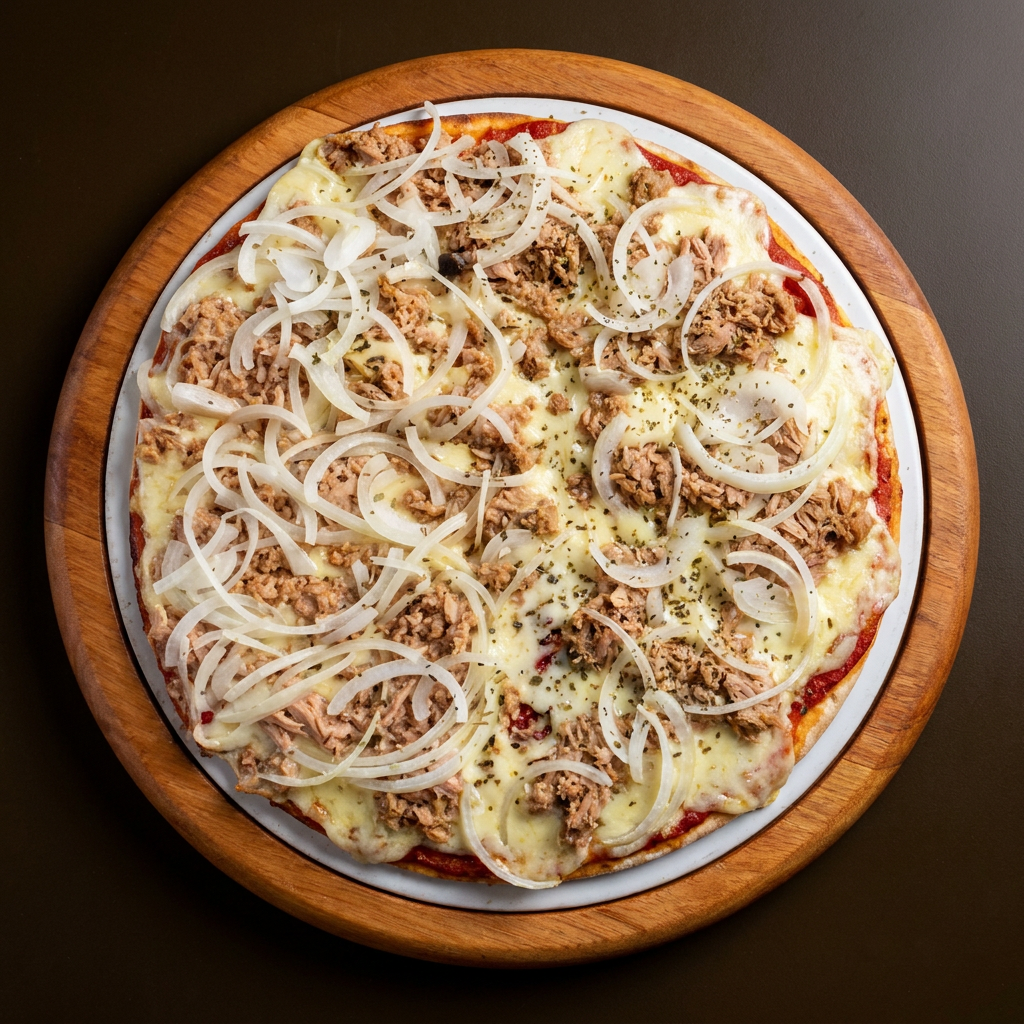 Molho de Tomate, Muçarela, Atum, Cebola e Orégano