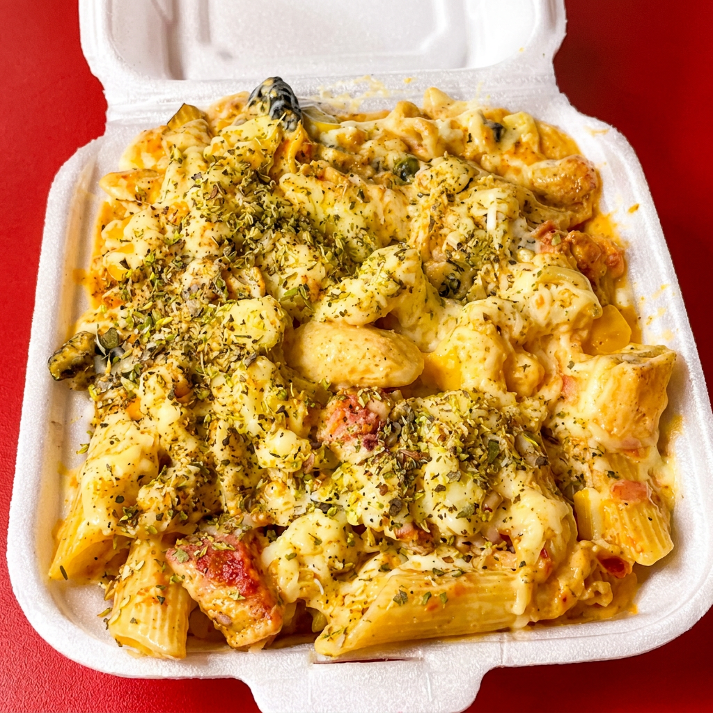 massa penne, frango, calabresa, bacon, presunto, queijo, uva passas, milho, ervilha, molho de tomate e creme de leite