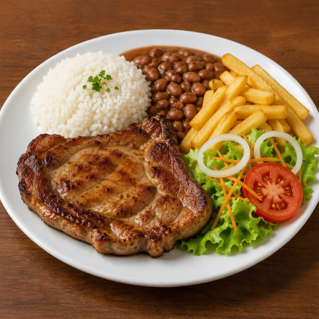 Bisteca suína bem temperada e preparada na hora. Acompanha arroz, feijão, batata frita e salada. Escolha sua versão preferida: tradicional ou a cavalo.