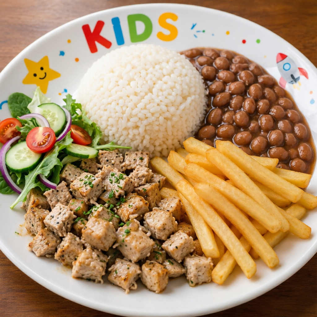 Prato kids com arroz, feijão, batata frita e salada. Escolha sua proteína favorita.