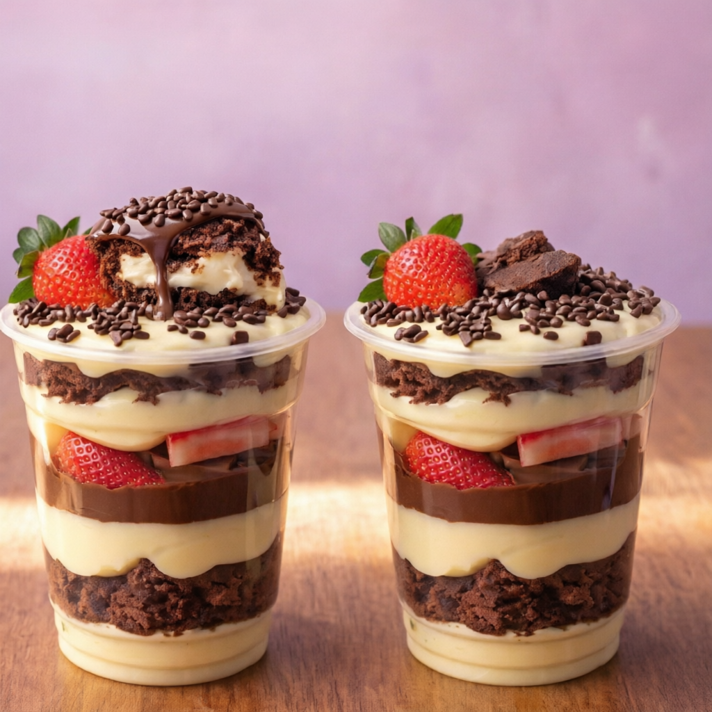 2 copos da felicidade 200ml, bem recheados e cremosos. Perfeito para dividir ou se presentear em dobro. Serve 2 pessoas.