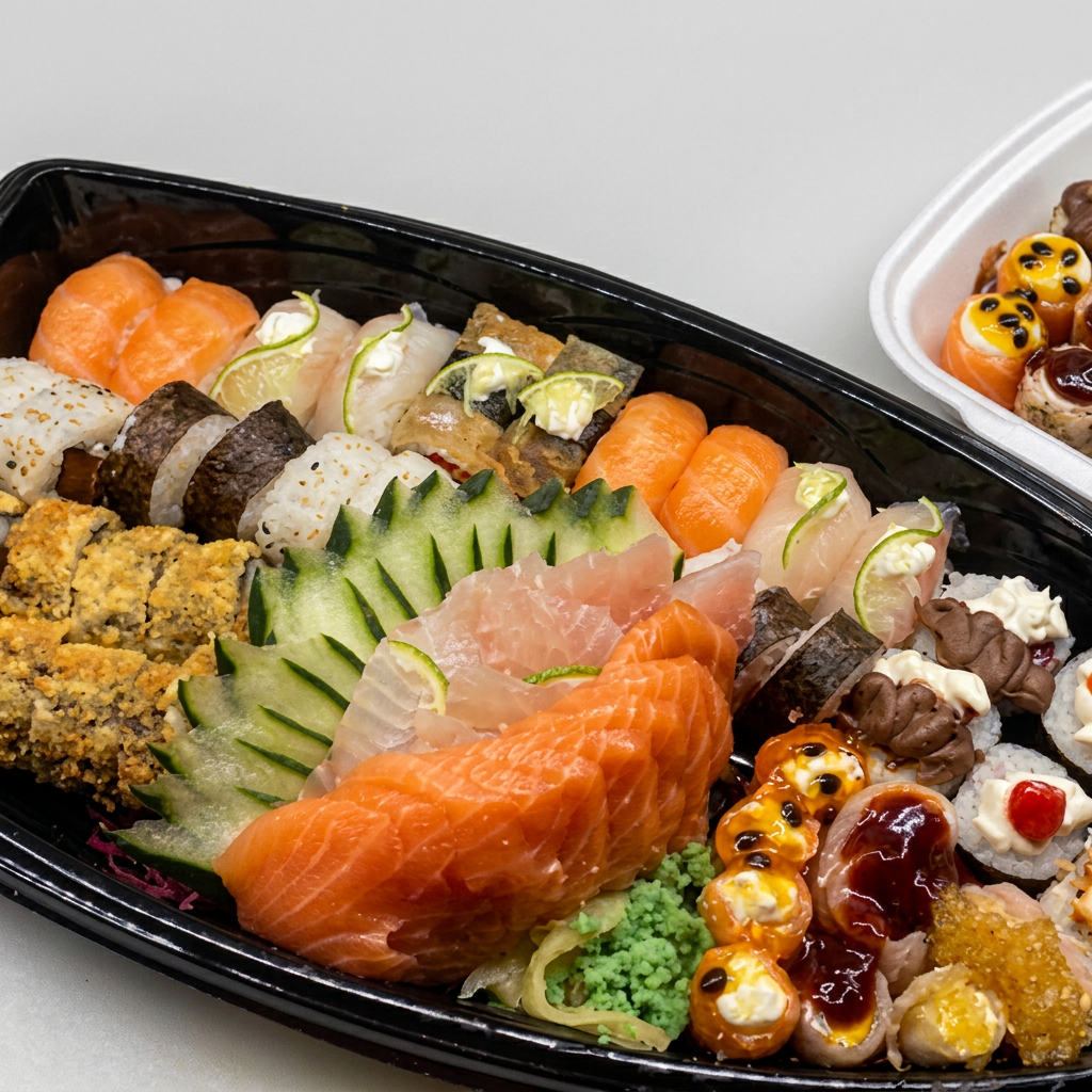 10 Uramakis Variados, 10 Hossomakis Variados, 10 Niguiris Variados, 10 Hots Philadelphia, 10 Sahimis Salmão, 10 Sashimis Tilápia, 10 Gunkans Variados.