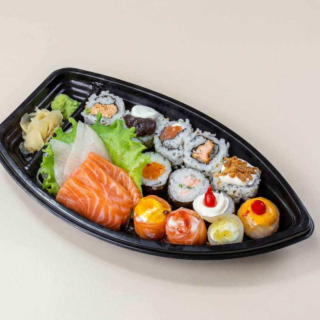 5 Uramakis Variados, 5 Hossomakis Variados, 4 Niguiris Variados, 4 Gunkans Variados, 4 Sashimis Tilápia, 4 Sashimis Salmão.