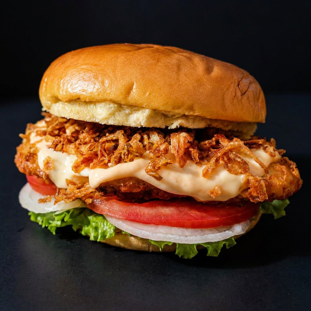 🐟 CRISPY FISH BURGER
Pão brioche, filé de peixe frito crocante, queijo mussarela, molho rose, cebola crispy, alface crespa temperada com a maionese da casa, tomate e cebola.