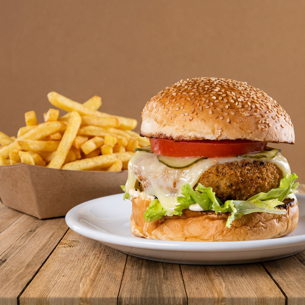 Saborosamente apresentado em um pão de gergelim crocante, o 'Black Crispy Chicken' é um deleite para o paladar. O frango, meticulosamente empanado, é a estrela do prato, enquanto a mussarela derretida adiciona uma suavidade irresistível. O frescor da alface americana, o sabor agridoce dos picles de pepino e o tomate suculento proporcionam um equilíbrio perfeito de sabores. Para completar, nossa maionese caseira adiciona um toque especial de cremosidade. Acompanha uma generosa porção de fritas (180g), que são super crocantes e viciantes. Uma combinação que promete uma experiência gastronômica única para todos os amantes de 'Burgers + Fritas!'.
