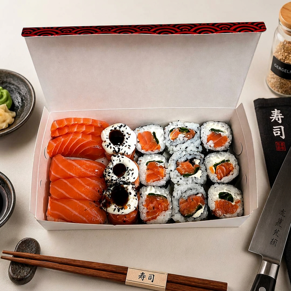 18 peças: 3 Sushi • Salmão • 3 Sashimi Salmão • 3 Joy Salmão • 3 Maki Filadélfia • 3 Maki Salmã • 3 Uramaki Salmão.