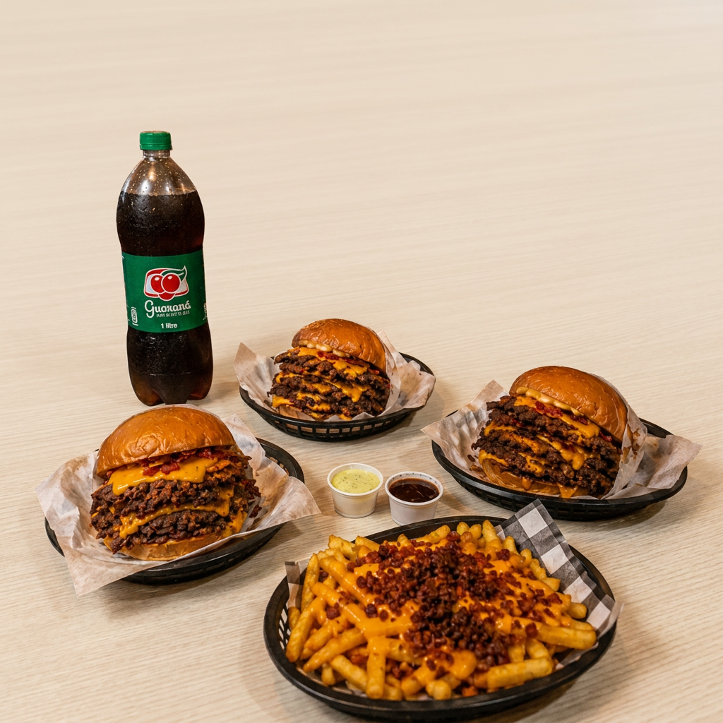Combo com 3 Triplo Smash Bacon, cada lanche preparado com 3 carnes smash, queijo derretido, bacon crocante e nossa maionese verde especial.
Acompanha uma porção de batata frita coberta com cheddar cremoso e bacon, mais refrigerante de 1 litro.
Um combo completo, bem servido e perfeito para compartilhar.