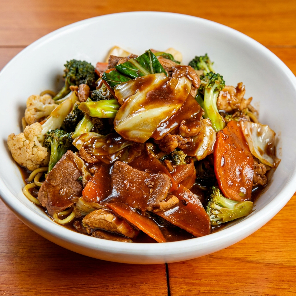 Macarrão frito carne frango brócolis acelga couve flor repolho cenoura.