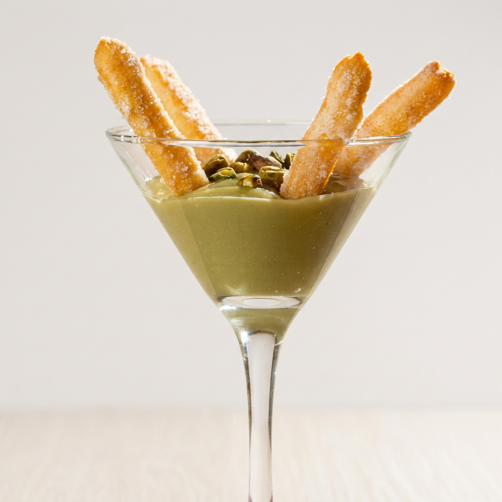 Churros espanhol, mergulhado no creme de pistache e salpicado com pistache crocante
