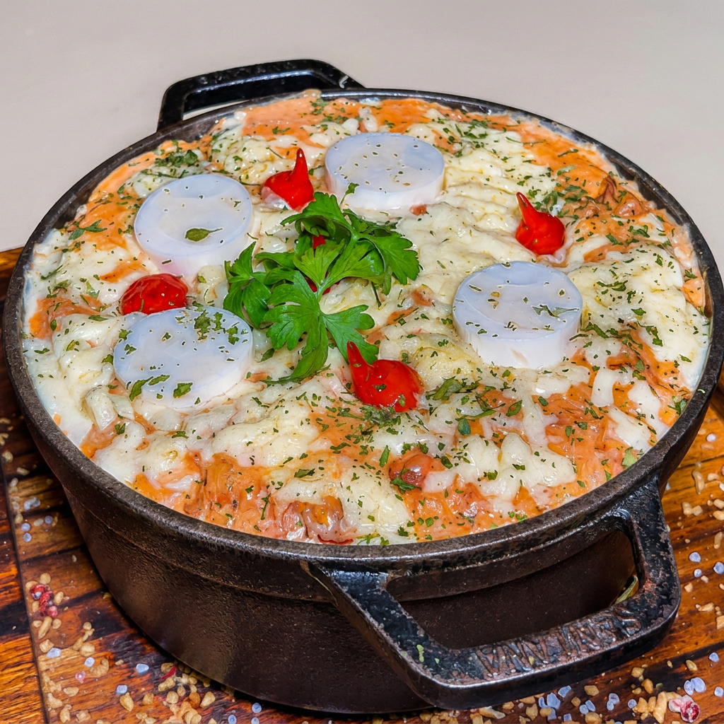 Arroz Temperado Com Frango, Pequi, Bacon, Azeitona, Tomate, Cebola e Queijo Derretido. Sabor Goiano Que Traz o Melhor da Roça Para a Sua Mesa! Peça Agora!