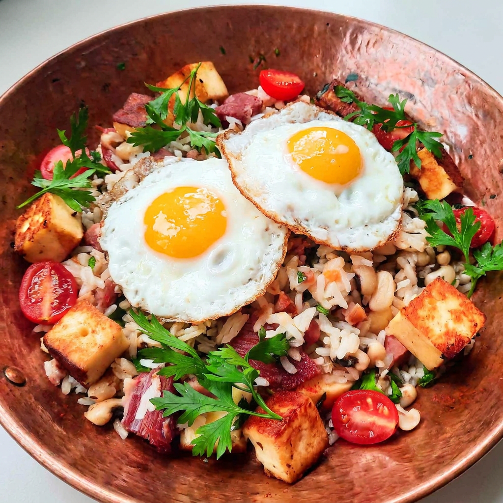 Delicioso baião de dois c/ 2 ovos fritos.