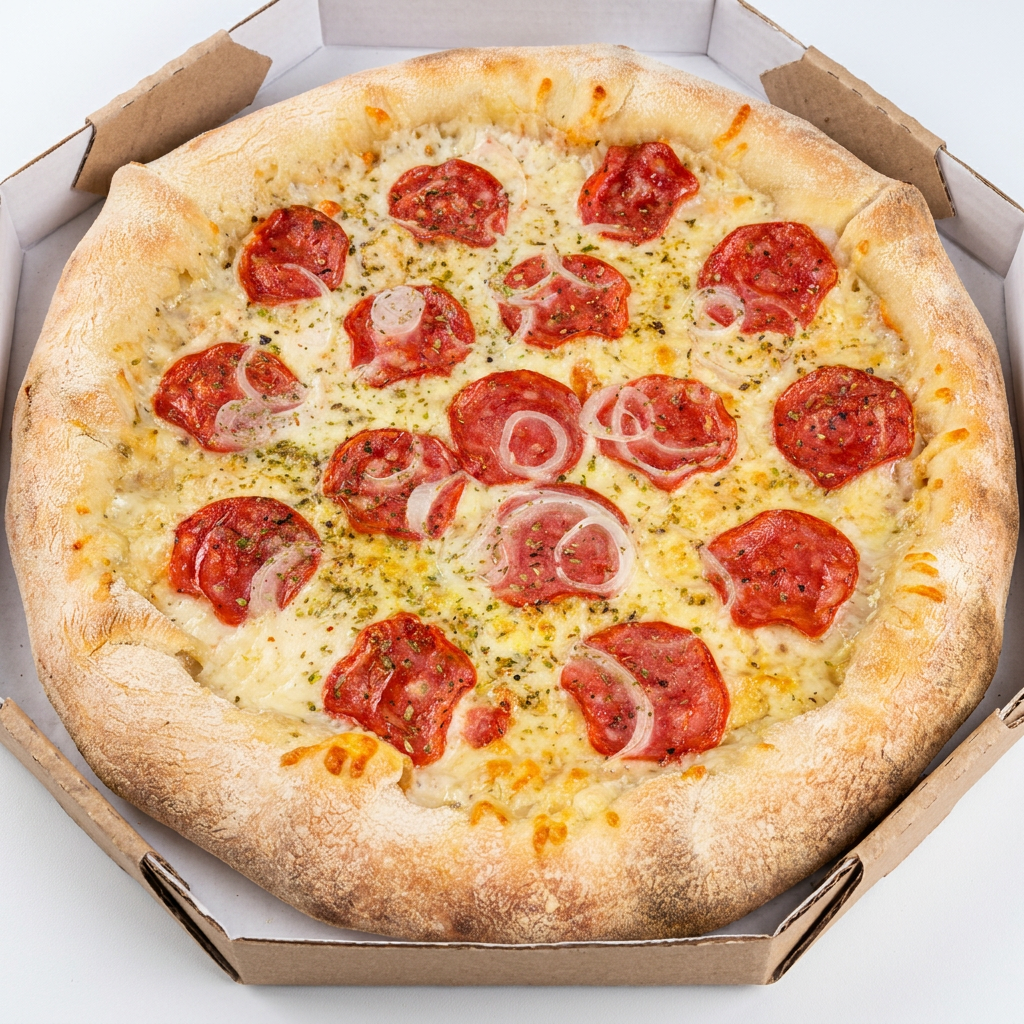 Pizza com uma combinação irresistível de pepperoni crocante, queijo mozzarella e um toque de orégano, ideal para quem busca um sabor marcante e apimentado.