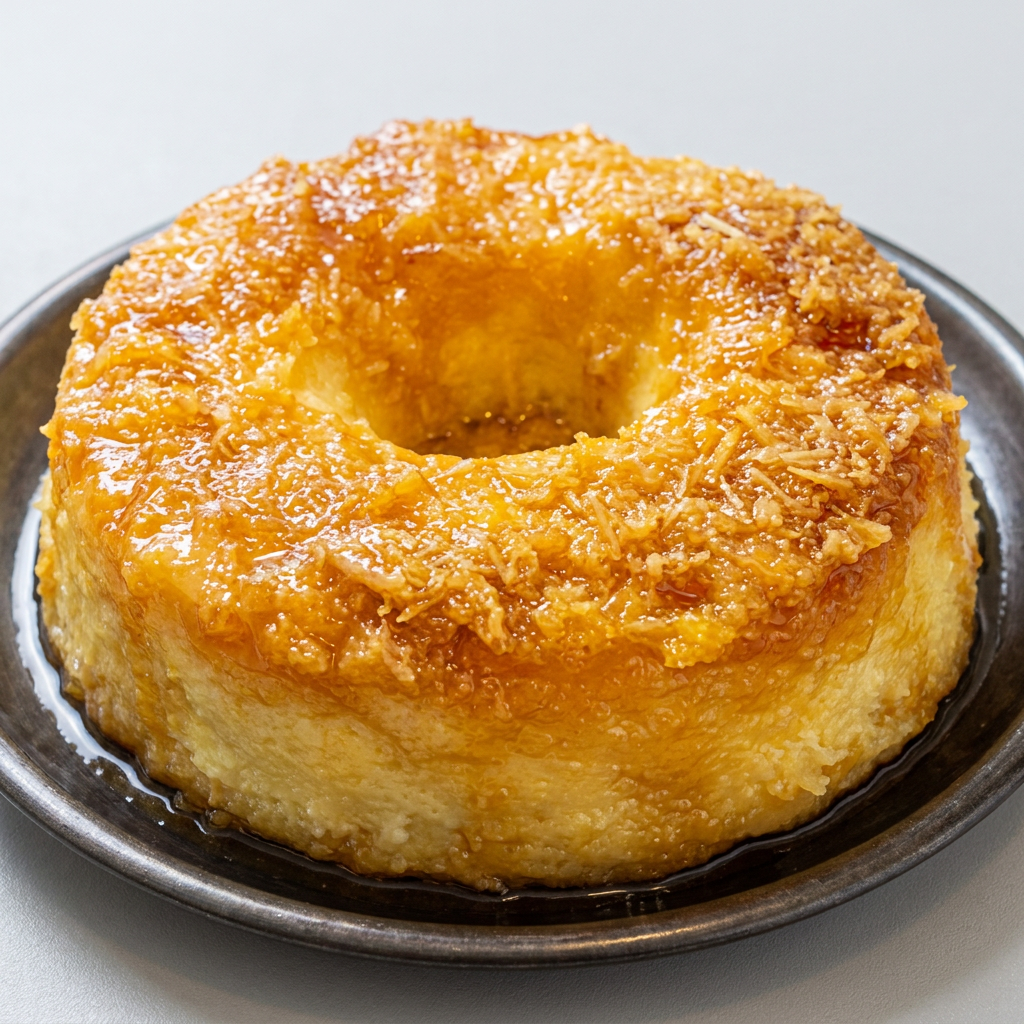 Bolo caseiro de aipim, macio e bem úmido, preparado com ingredientes selecionados que realçam o sabor tradicional. Finalizado com uma generosa calda caramelizada que traz um toque dourado.