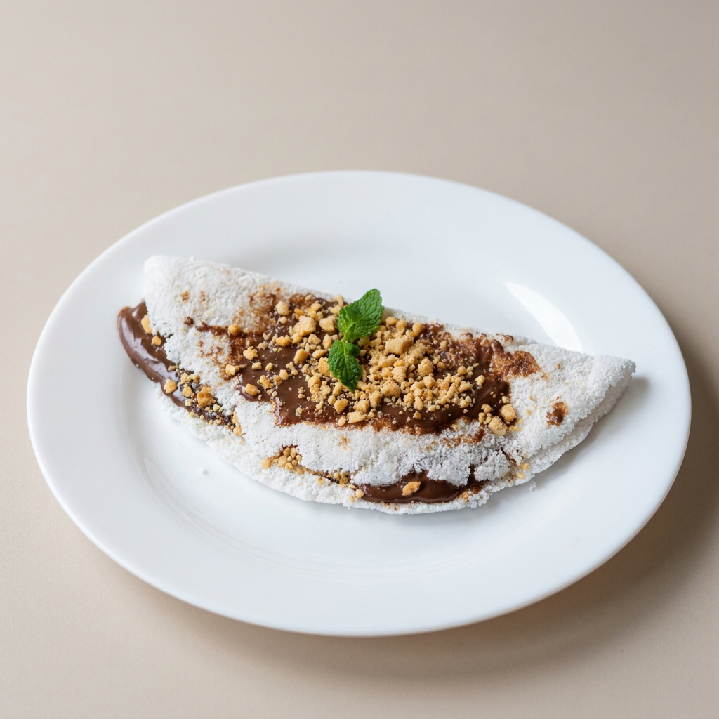 A união perfeita entre o creme de avelã mais amado e o clássico sabor brasileiro! Essa tapioca de Nutella com paçoca do Vixi Mainha traz uma massa leve e no ponto certo, recheada generosamente com Nutella bem cremosa e coberta com a crocância marcante da paçoca esfarelada por cima.