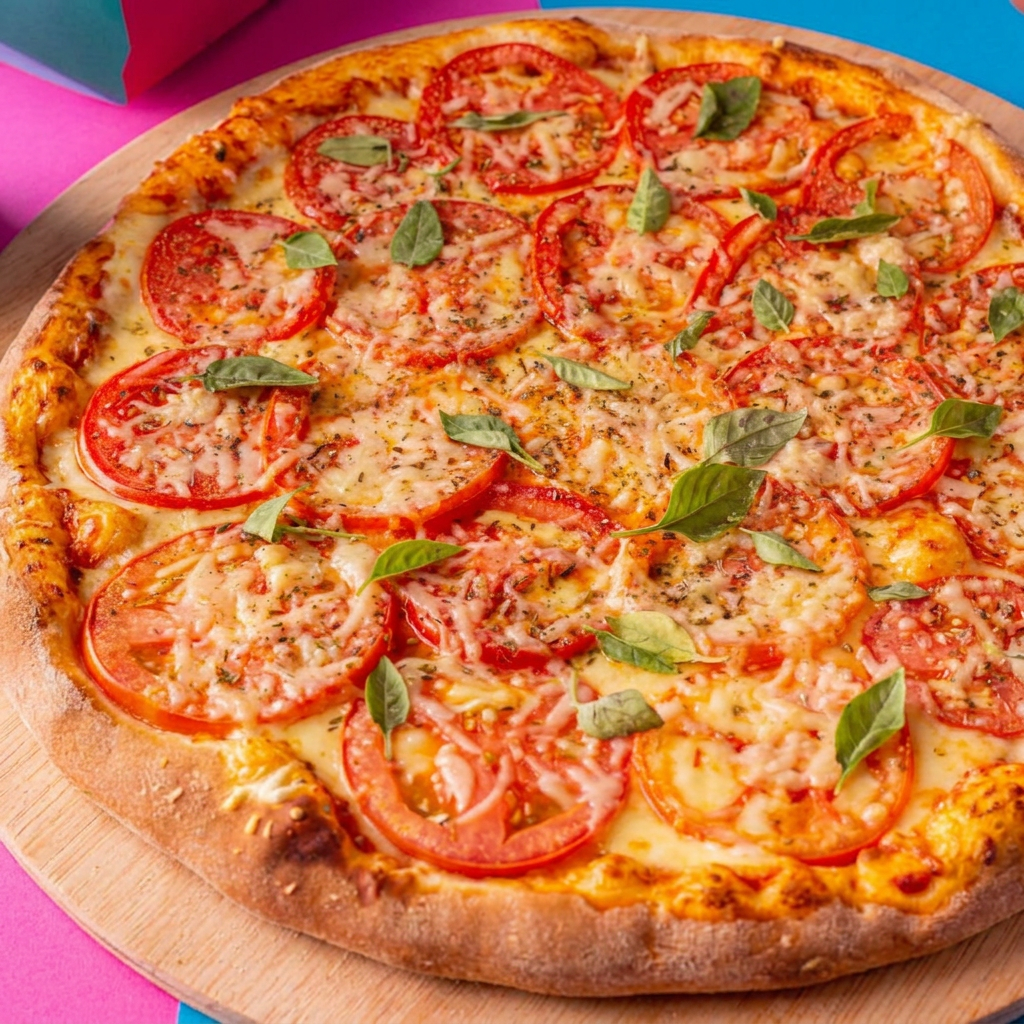 Pizza Marguerita tradicional Grande 40cm Massa artesanal, mussarela de alto padrão, tomate fatiado, manjericão fresco e orégano. Serve até 4 pessoas (8 a 10 fatias) Vai com padrão borda gourmet