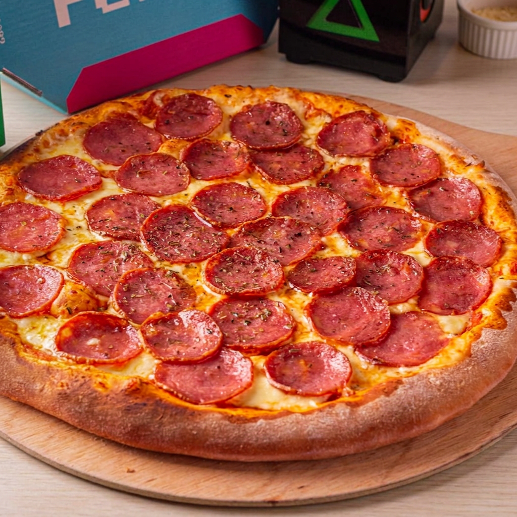Pizza Calabresa Gourmet 30cm Massa artesanal, mussarela de alto padrão, generosas fatias de calabresa e orégano Serve até 2 pessoas (4 a 6 fatias) Vai com padrão borda gourmet