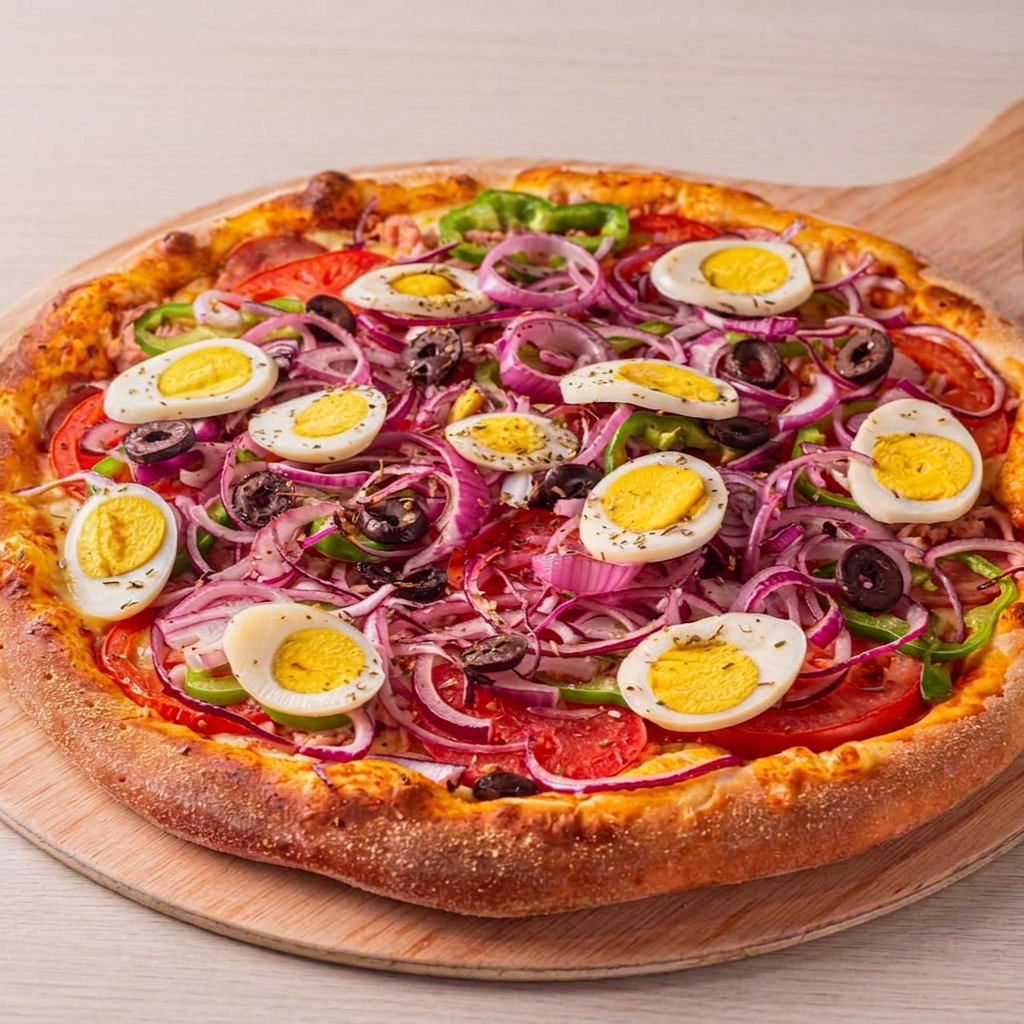 Pizza Portuguesa - Média 30cm Massa artesanal, mussarela de alto padrão, tomate fatiado, cebola roxa, pimentão verde, ovos, azeitona preta, presunto e orégano. Serve até 4 pessoas (4 a 6 fatias) Vai com padrão borda gourmet
