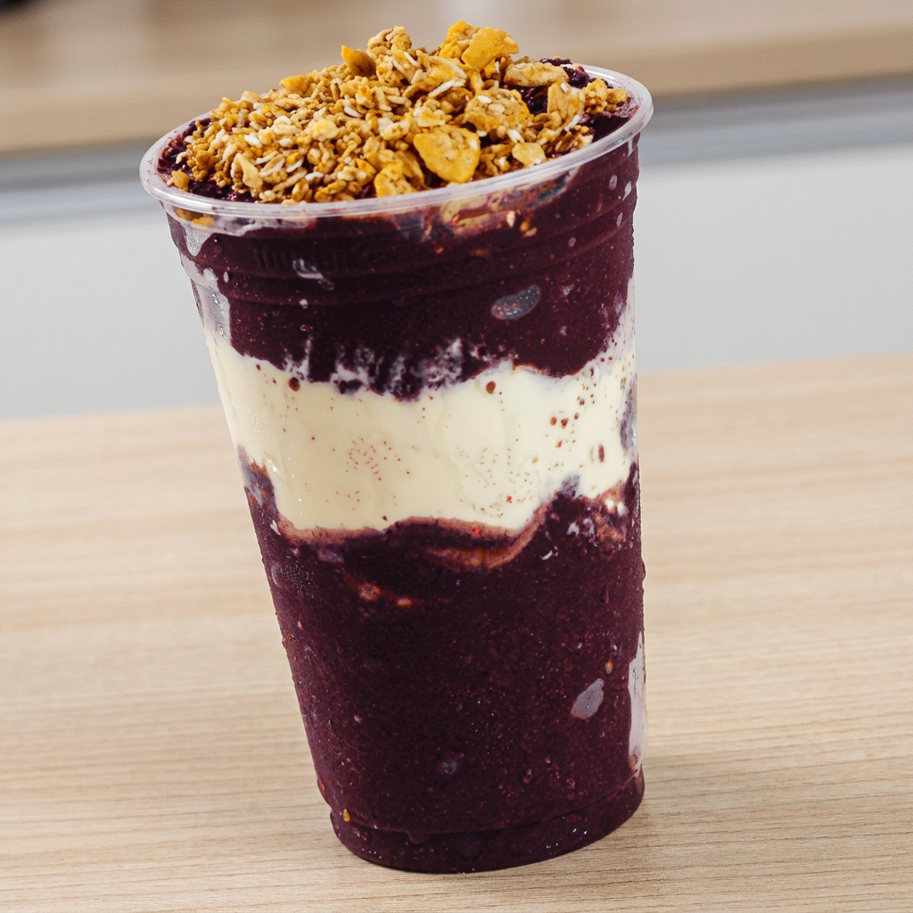 Nosso Delicioso Açaí de Produção Própria, Cremoso, acompanhado de Granola e Leite condensado por cima. 300L