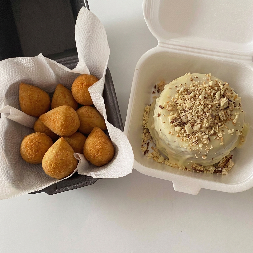 Bolo mini vulcão inspirado no sabor Ouro Branco, com chocolate e recheio cremoso, acompanhado de 10 minis salgados + 1 refrigerante Mini Goob.
