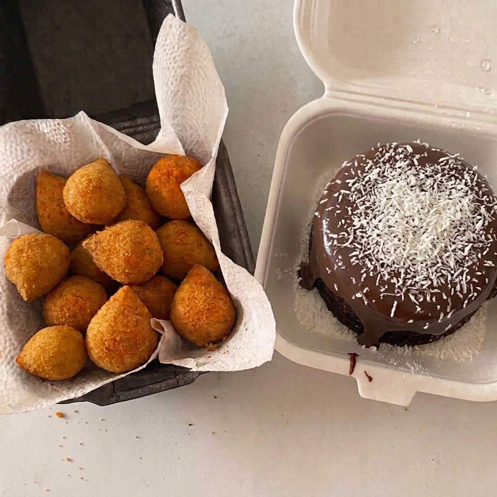 Bolo mini vulcão de Prestígio, com a combinação irresistível de chocolate e coco, acompanhado de 10 minis salgados + 1 refrigerante Mini Goob.