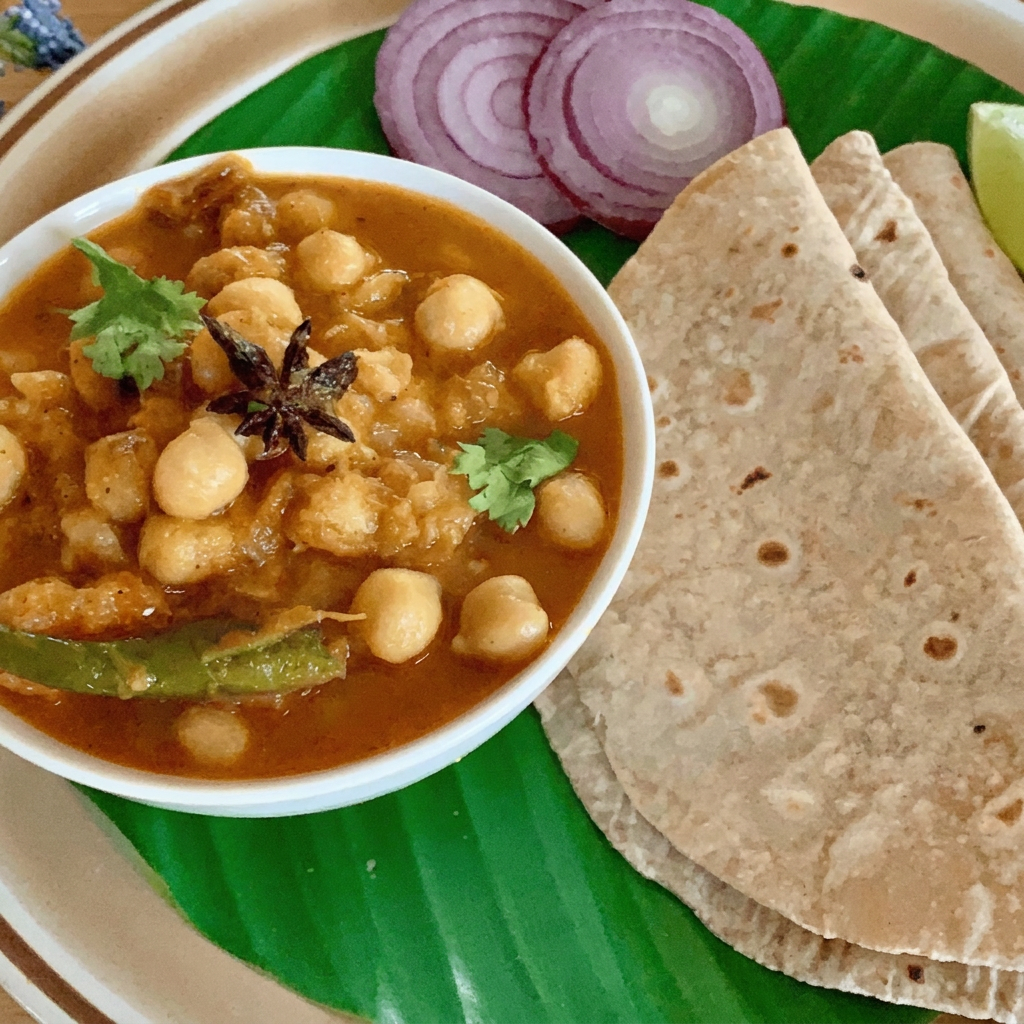 250ml de Curry feito com grão de bico cozidos no molho feito com base de pasta de gengibre e alho, cebola, tomates e especiarias indianas + 2 Chapatis (Pão achatado indiano saudável e perfeito para comer com curry)