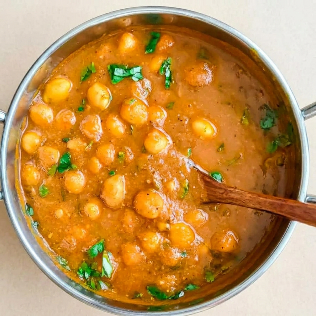 Curry feito com grão de bico cozidos no molho feito com base de pasta de gengibre e alho, cebola, tomates e especiarias indianas