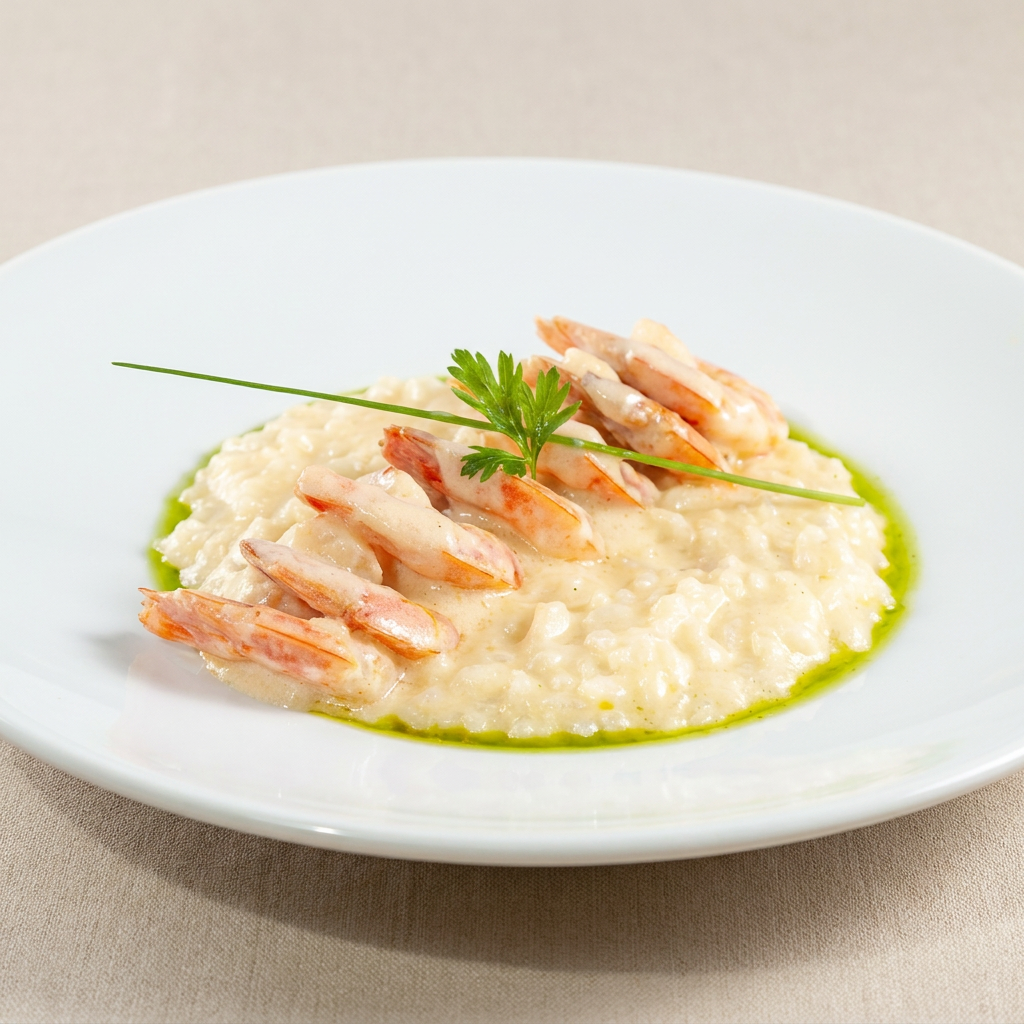 O requintado 'Camarão Champagne' pertence à nobre categoria de 'Peixes'. Este prato apresenta um saboroso camarão, grelhado à perfeição, banhado em um delicado molho velouté de peixe, enriquecido com um toque distintivo de champagne. É harmoniosamente acompanhado por um risoto siciliano, preparado com todo o rigor e tradição da culinária italiana. Uma experiência gastronômica única, que combina texturas e sabores para uma refeição verdadeiramente inesquecível.