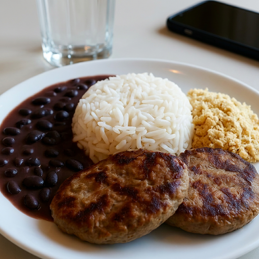 Arroz, feijão, farofa, duas carnes de hambúrguer e o seu acompanhamento favorito.