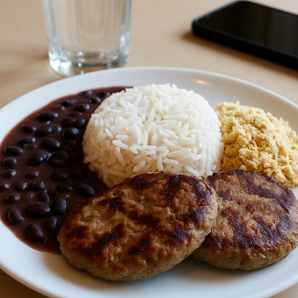 Arroz, feijão, farofa, duas carnes de hambúrguer e um acompanhamento à sua escolha. Imagem meramente ilustrativa.