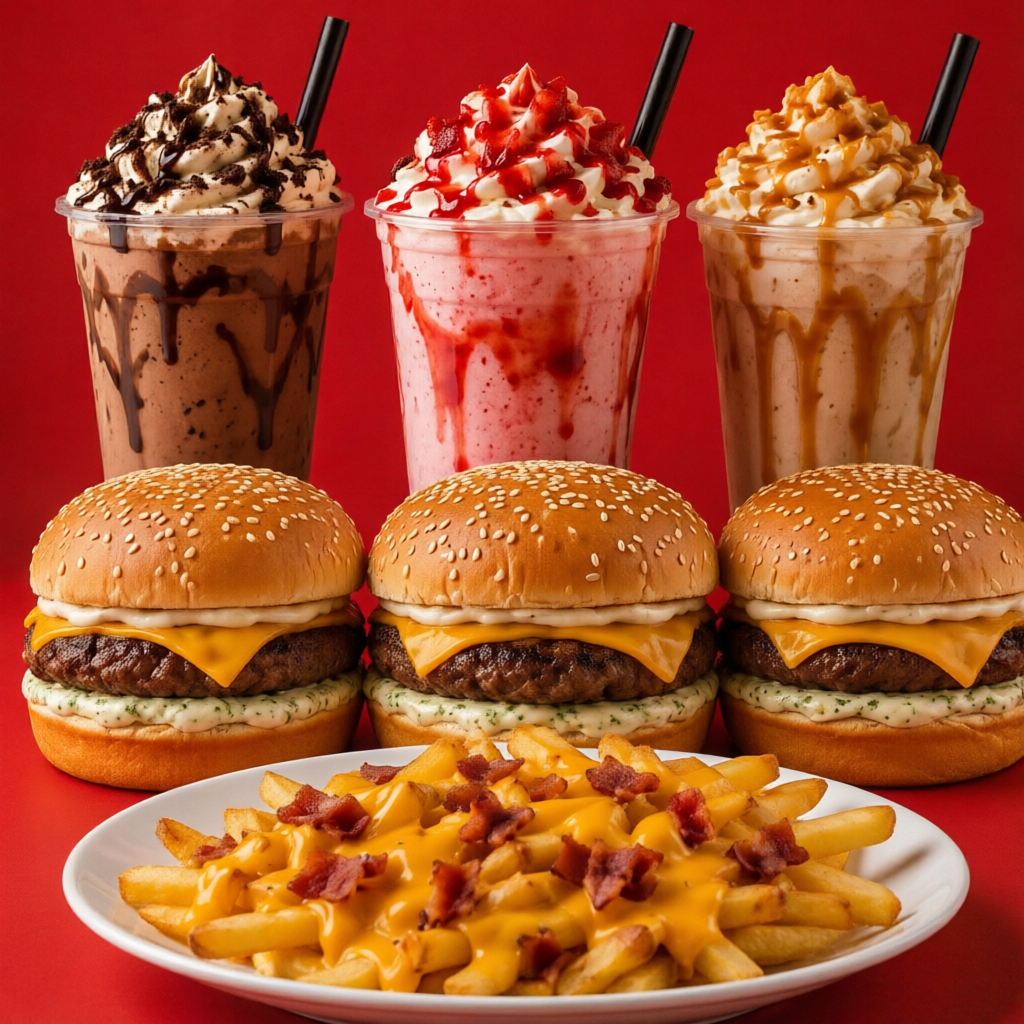 3 Lanches - Pão Gergelim, carne, queijo e maionese da casa + 3 milk shake + 1 batata cheddar e bacon