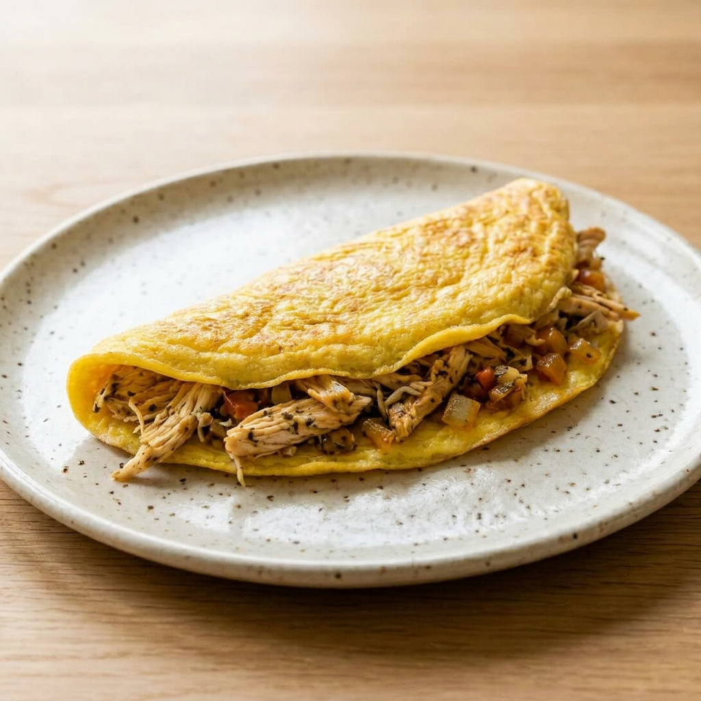 Omelete recheado com frango desfiado e queijo é uma explosão de sabor! O interior macio e cremoso dos ovos envolve generosos pedaços de frango suculento e queijo derretido, criando uma combinação irresistível que agrada a todos os paladares. Uma refeição rápida e deliciosa, perfeita para qualquer hora do Dia.