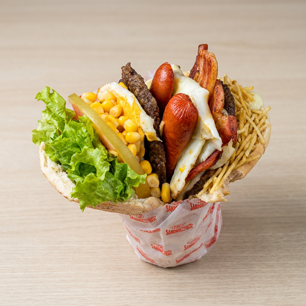Hambúrguer Completo com Salsicha, Bacon Crocante, Ovo, Presunto, Mussarela Derretida, Tomate, Alface, Milho e Batata Palha. O Verdadeiro Clássico dos Loucos por Lanche!
