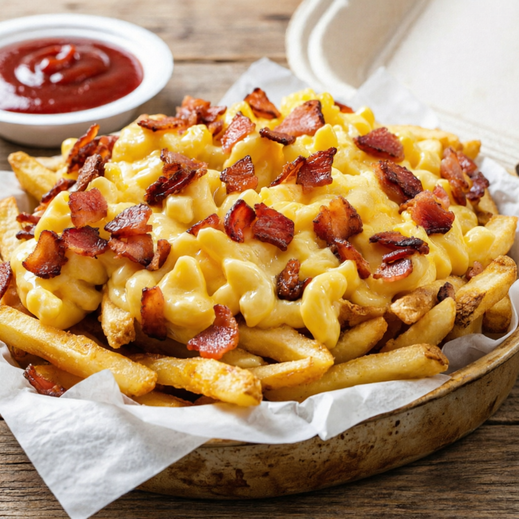 Batatas Douradas e Crocantes Cobertas com Cheddar Cremoso e Bacon Crocante. Um Clássico Que Une Sabor e Irresistível Crocância!