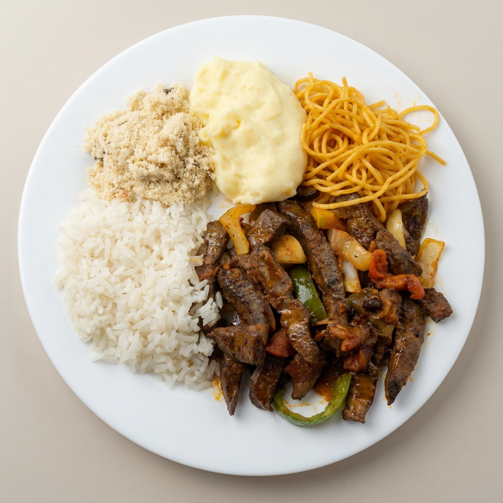 Arroz, feijão, farofa e purê.