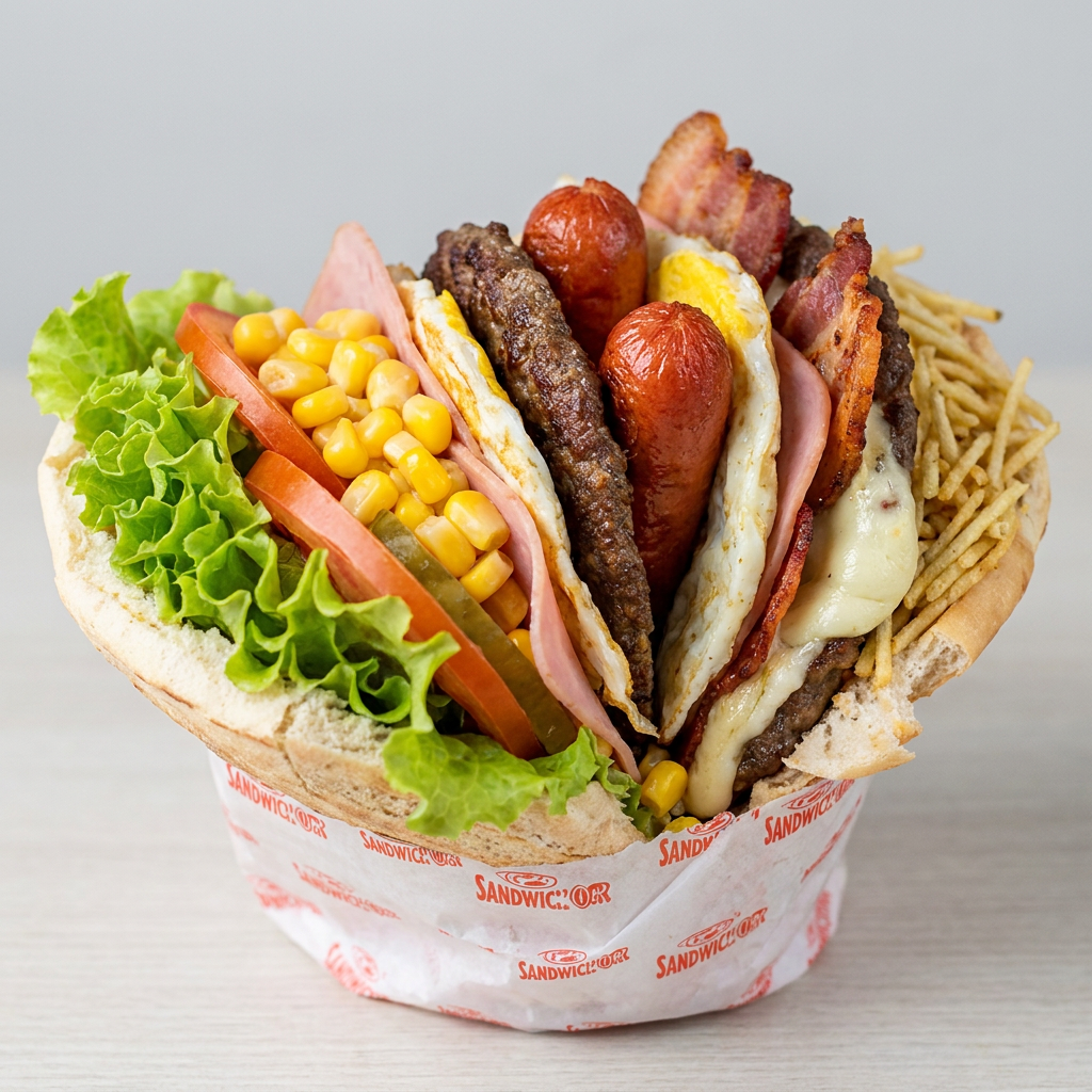 Hambúrguer Suculento com Bacon Crocante, Salsicha, Ovo, Presunto, Mussarela Derretida, Tomate, Alface, Milho e Batata Palha. O Favorito dos Loucos por Lanche com Preço Imperdível!