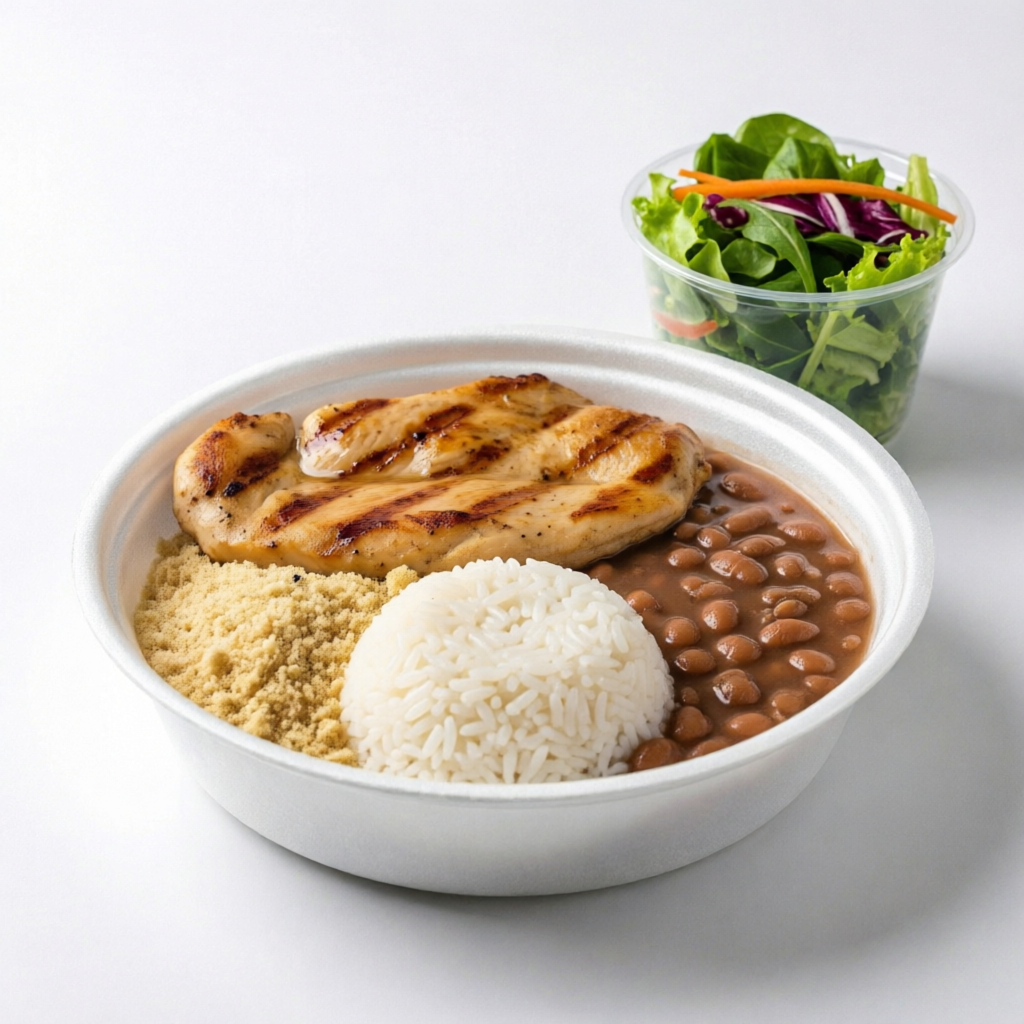 Marmitex File de Frango, arroz, farofa, feijao e salada