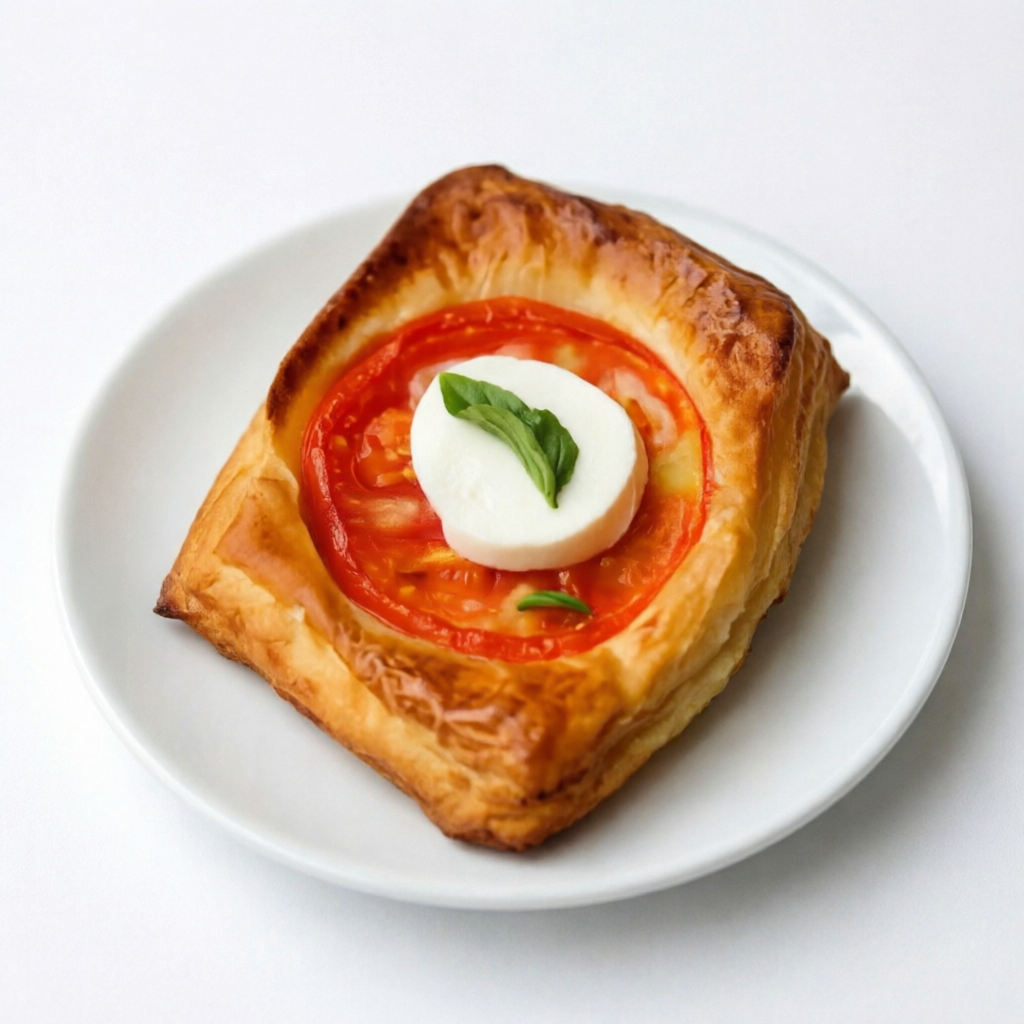 massa folhada com tomate, muçarela de búfala e manjericão
