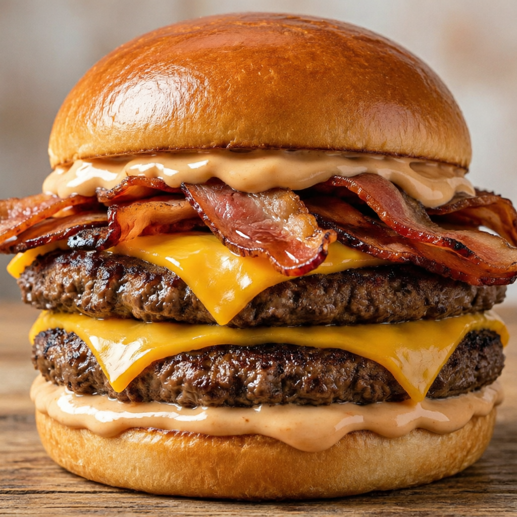 X - bacon = pão brioche, 2 hambúrguer, chadda, molho, bacon.