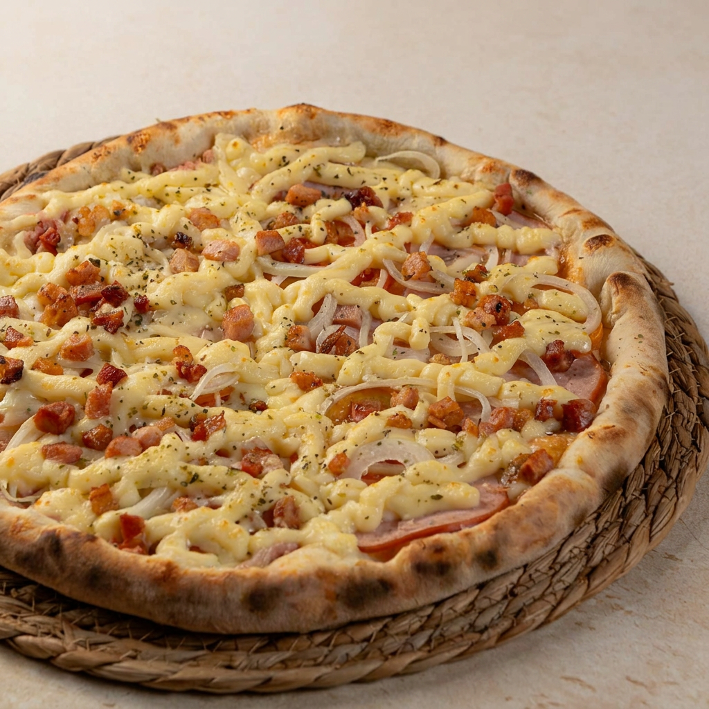 Molho de tomate, Presunto,
Tomate, Cebola, Mussarela,
catutiry, Bacon, e Oregano.