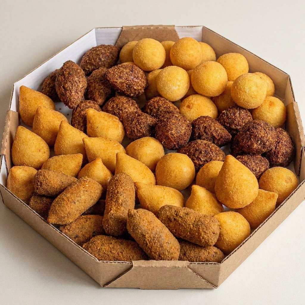 Coxinha, bolinha de queijo, pastel frito e kibe