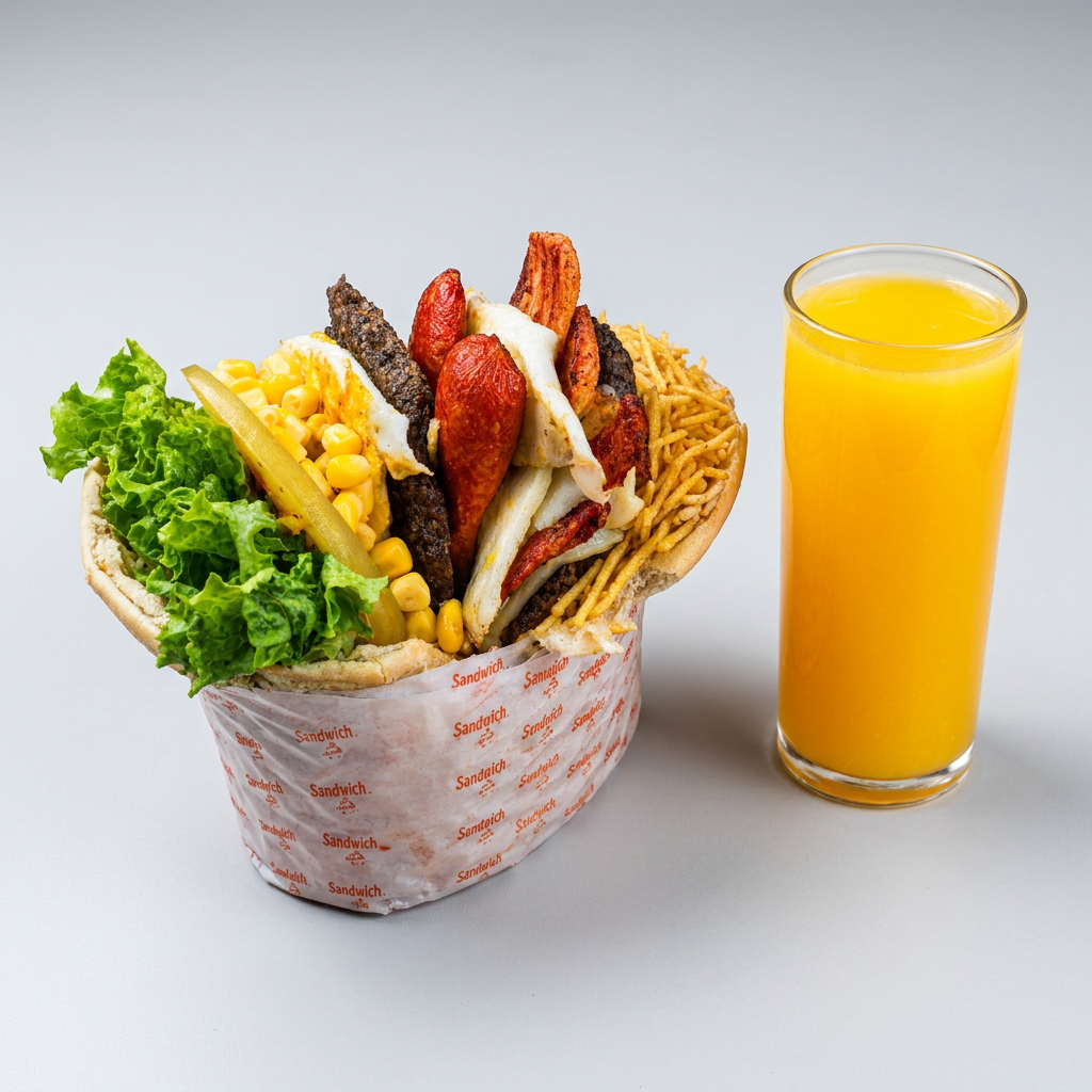 Hambúrguer Completo com Bacon Crocante, Salsicha, Ovo, Presunto, Mussarela Derretida, Tomate, Alface, Milho e Batata Palha. Acompanha Suco de Laranja Natural 500ml, a Combinação Perfeita Para Sua Refeição!