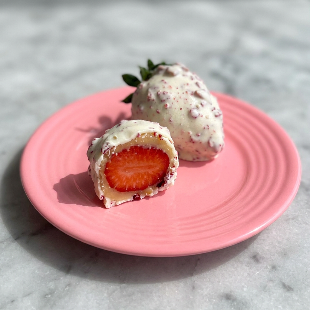 Morango premium coberto com brigadeiro de Ninho e banhado na cobertura branca com pedaços crocantes de caramelo