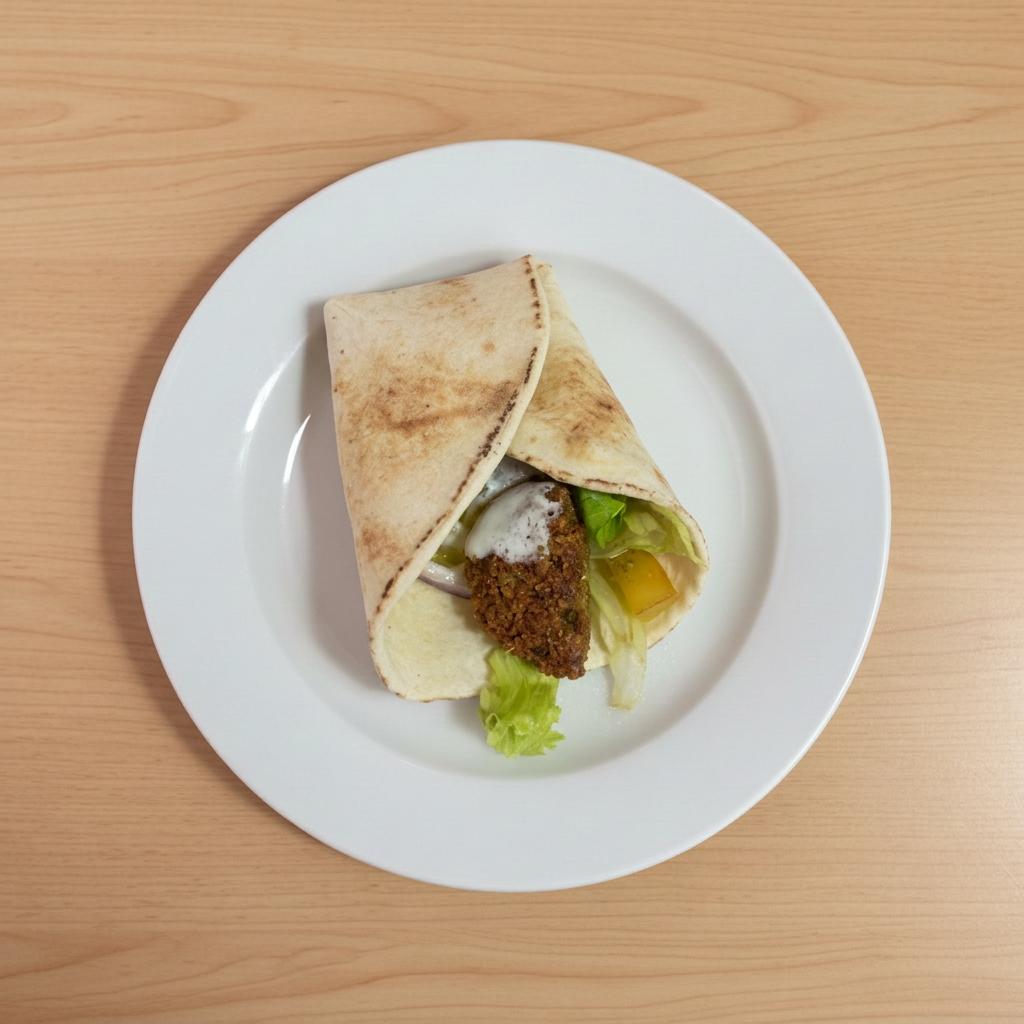 Pão sírio, falafel picado , tomate, alface, cebola roxa e um delicioso molho de alho artesanal.