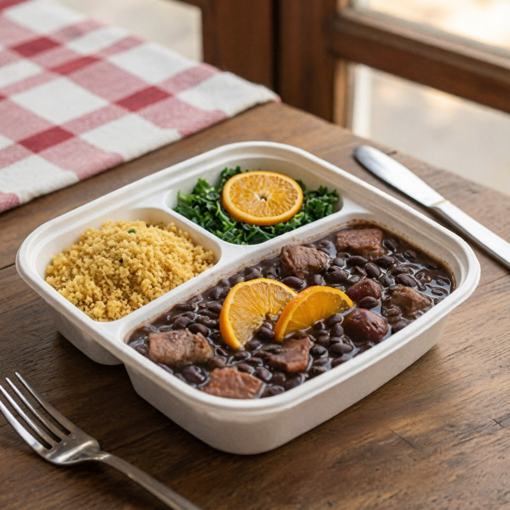 marmita com 4 divisoria duas com feijoada, e uma com couve e laranja e outra com farofa