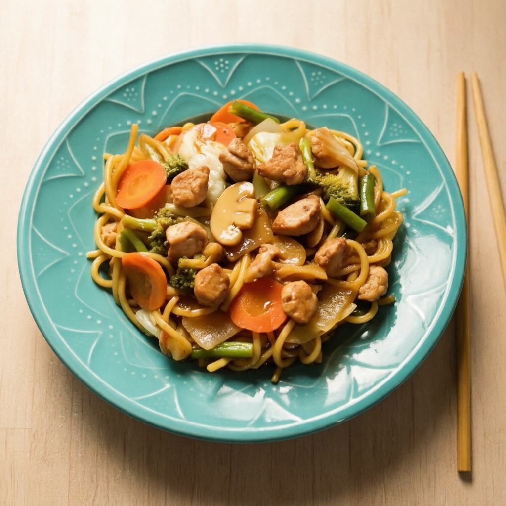 Yakisoba de Frango 550 gramas . Acompanha 100 gramas de frango (peso antes do preparo) macarrão alfa , brócolis, cebola, cenoura e repolho com o molho da casa a base de shoyo.