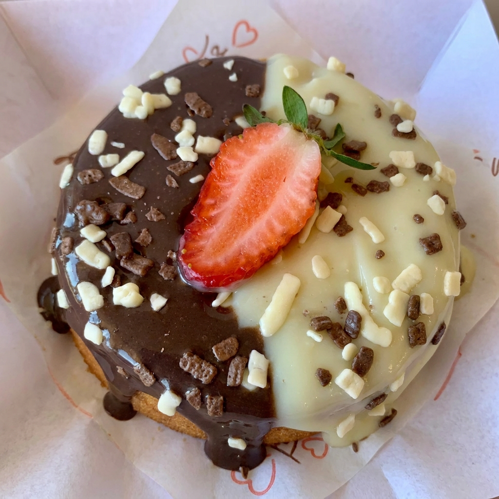 Massa de baunilha, recheada e coberta com brigadeiro de chocolate belga e Ninho.