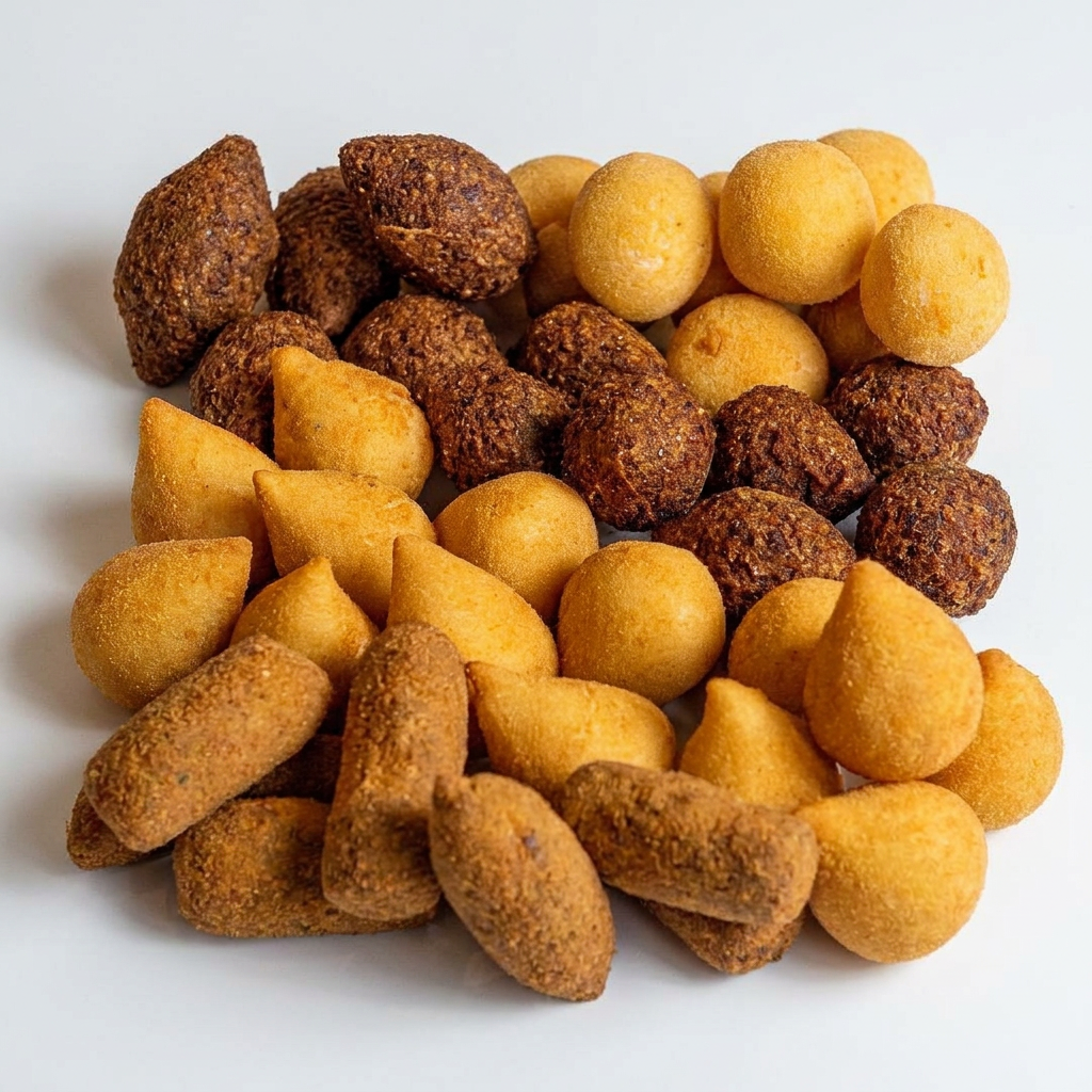Coxinha, bolinha de queijo, kibe e pastel