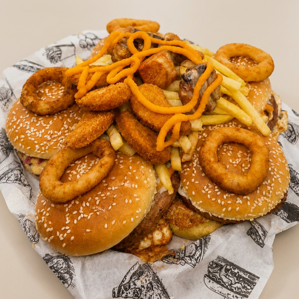 5 hambúrgueres + Refrigerante 2L + batata frita + frango à passarinho + anel de cebola + nuggets